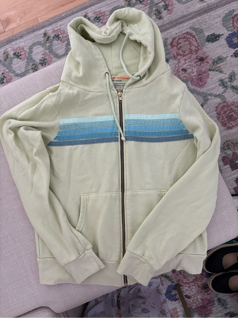 Aviator Nation Light Green Zip Hoodie with Blue Stripe Chest